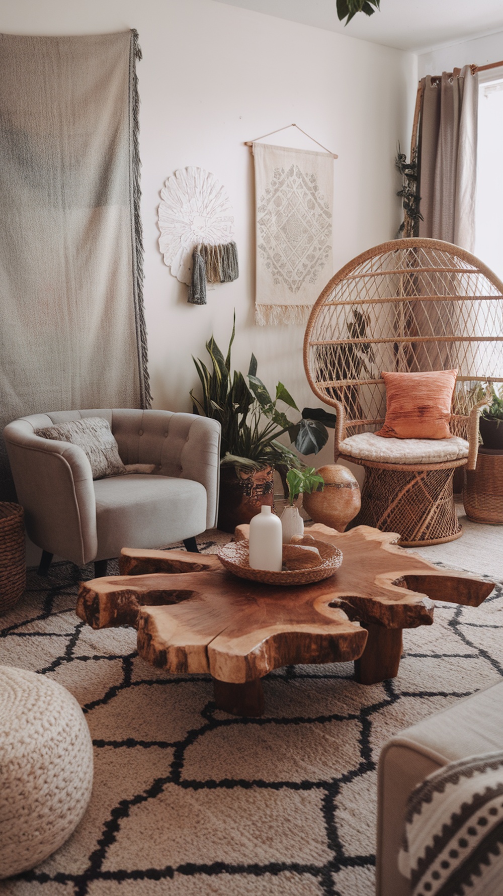 A boho living room featuring a unique wooden coffee table, surrounded by cozy seating and decorative elements.