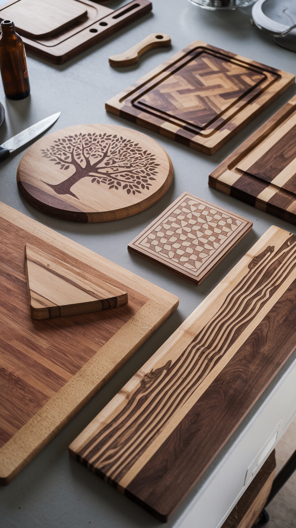An assortment of wooden cutting boards with various designs and shapes.