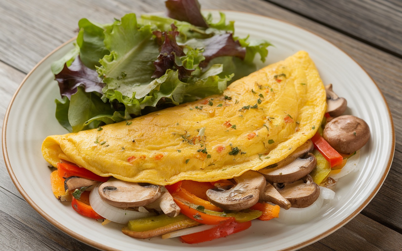 A delicious veggie omelette served with a side salad.