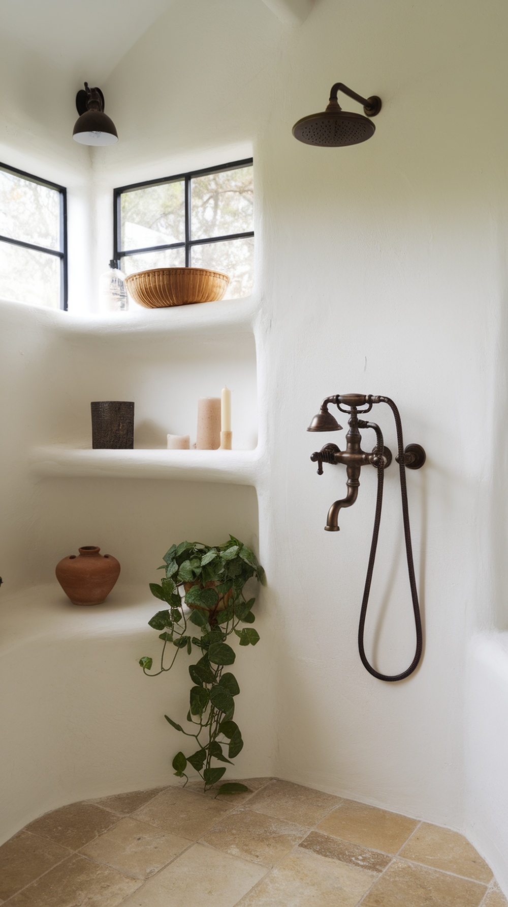 A modern farmhouse bathroom corner featuring vintage bronze fixtures, white walls, and natural decor.