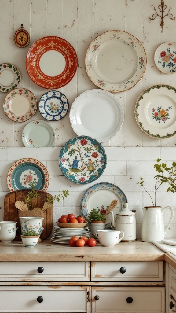 A wall decorated with an arrangement of vintage plates and a wooden table with cups and fruits.