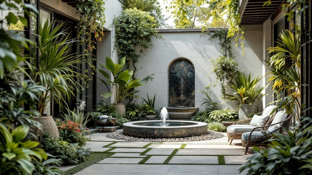 Beautiful patio featuring a tranquil water fountain surrounded by lush greenery and seating.
