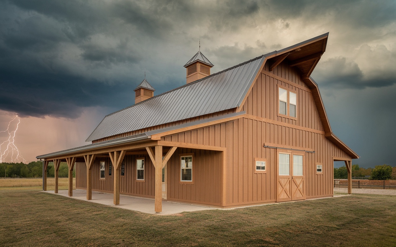 A barndominium with a warm brown exterior under a stormy sky, showcasing weather-resistant paint finishes.