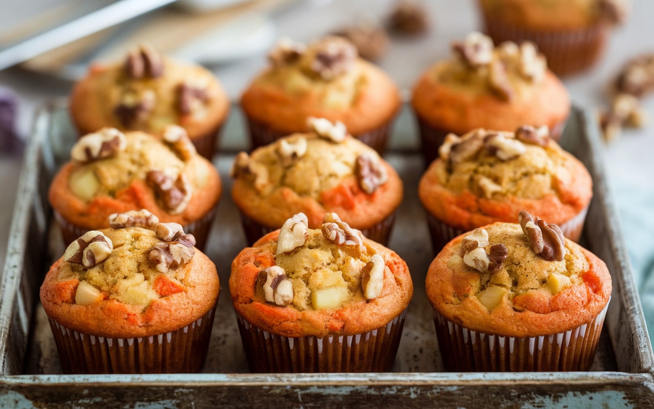 A tray of freshly baked carrot, apple, and oatmeal muffins topped with walnuts.