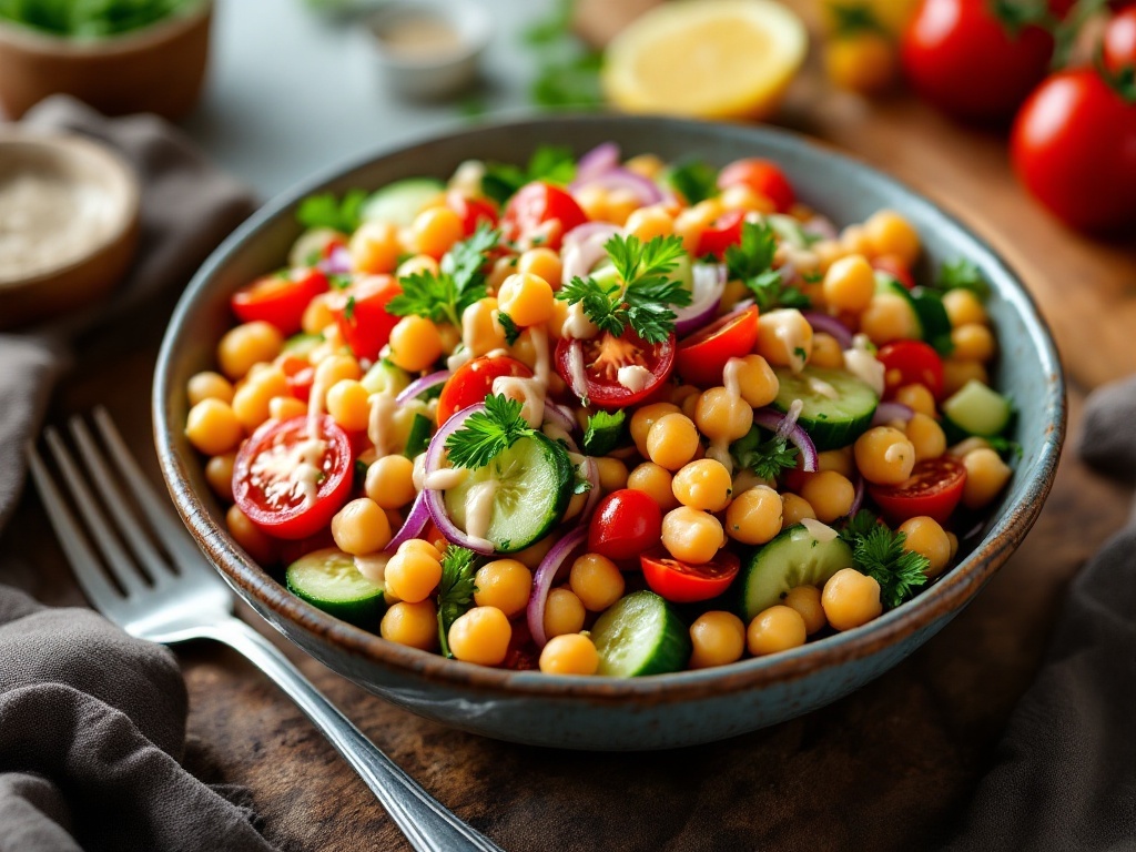 A bowl of Mediterranean chickpea salad with cucumbers, tomatoes, and lemon-tahini dressing.