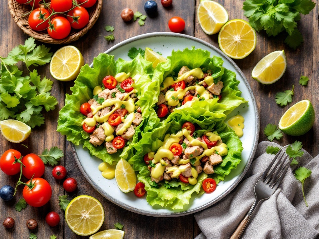 Avocado and tuna lettuce wraps with lime and cherry tomatoes on a plate