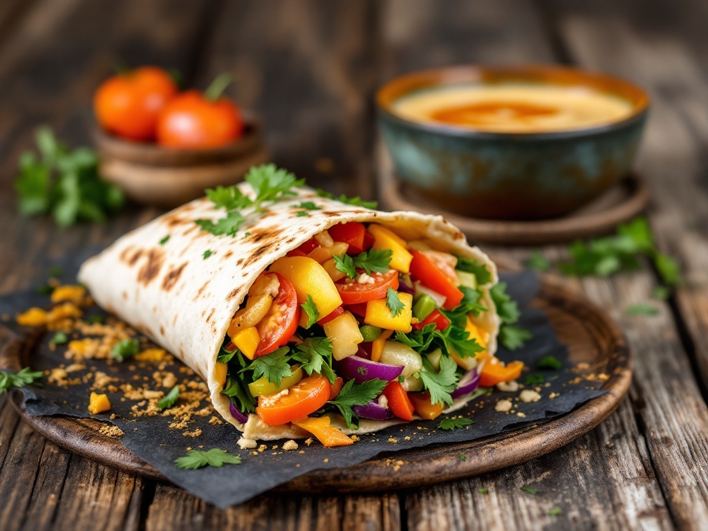 Colorful veggie wrap filled with fresh vegetables and herbs, served with hummus.