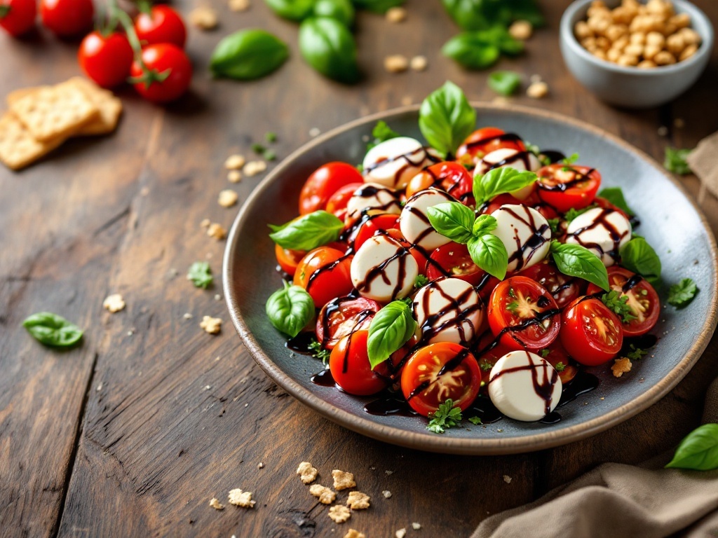 Caprese salad with tomatoes, mozzarella, and basil on a wooden table.