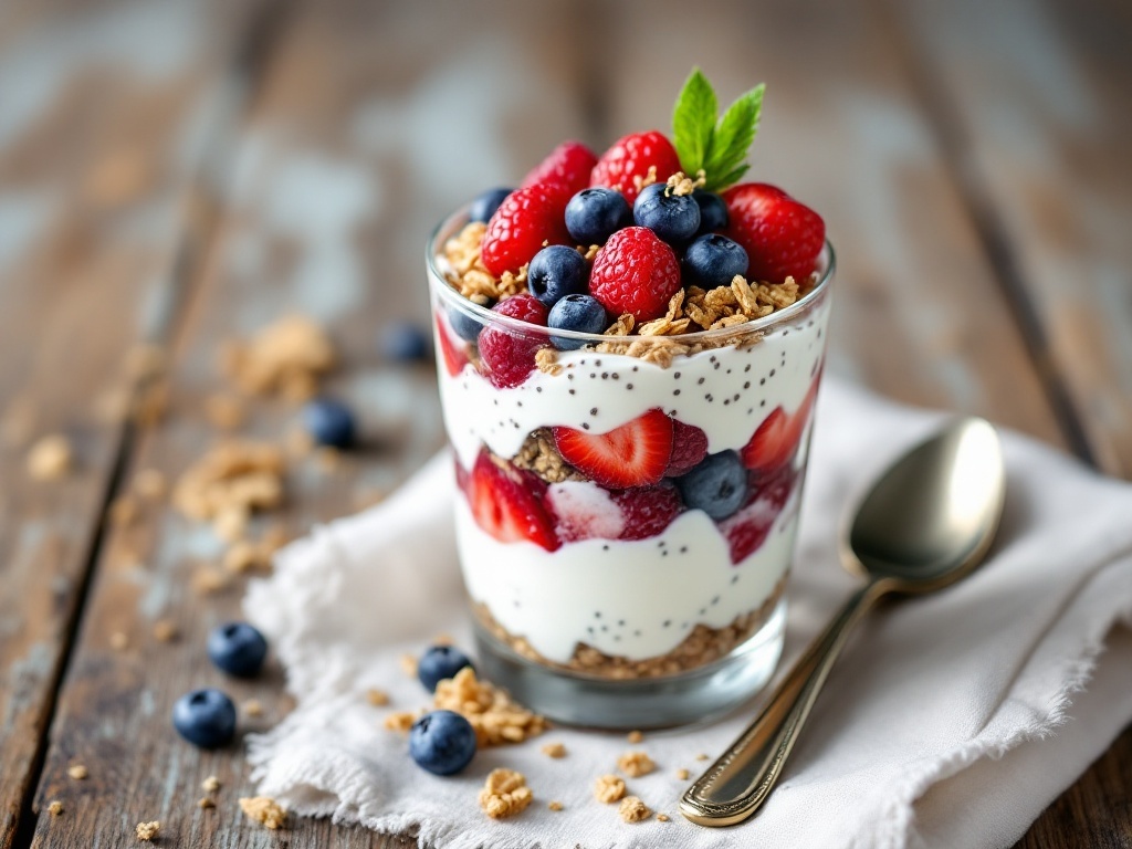 A glass of Greek yogurt parfait layered with berries, granola, and chia seeds.