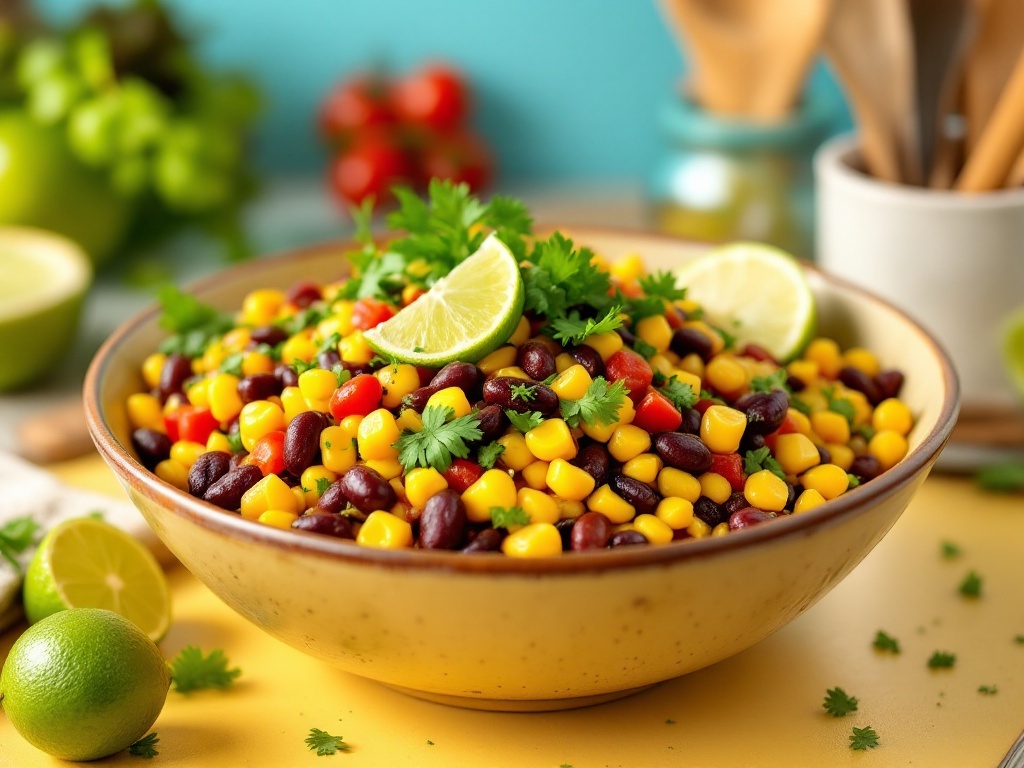 A colorful Mexican-inspired bean and corn salad with lime and cilantro dressing in a bowl.