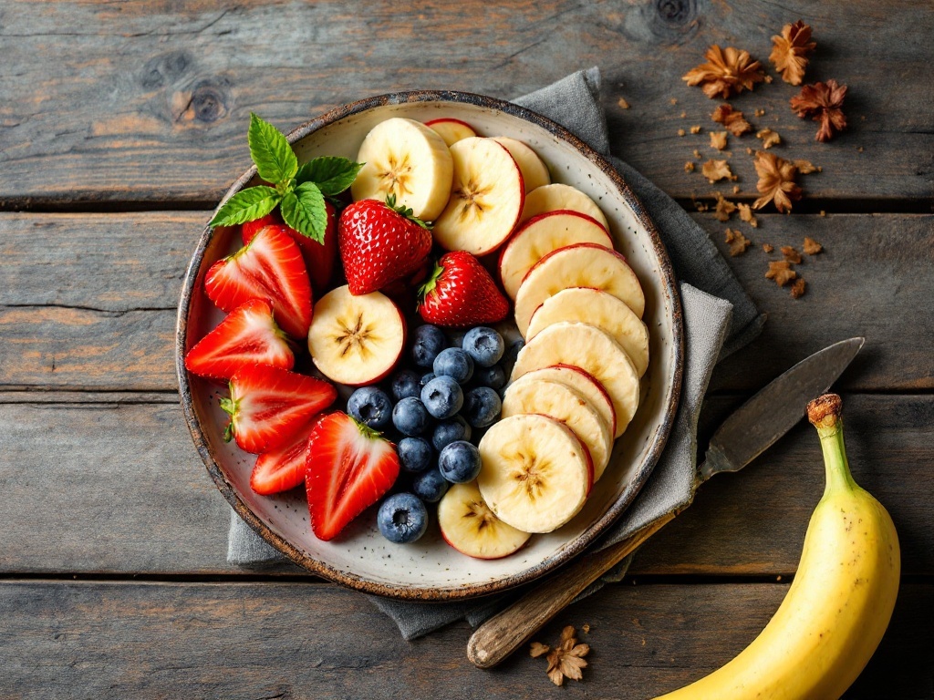 A plate filled with sliced bananas, strawberries, blueberries, and apple, with a banana on the side.