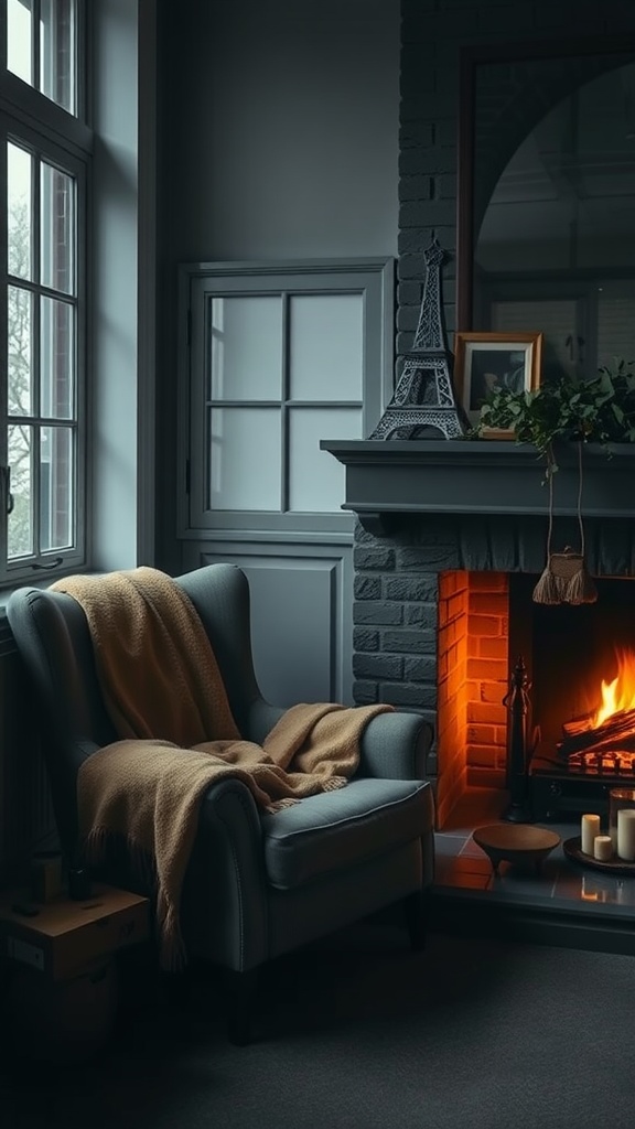 Cozy reading nook by a fireplace with an armchair and a blanket