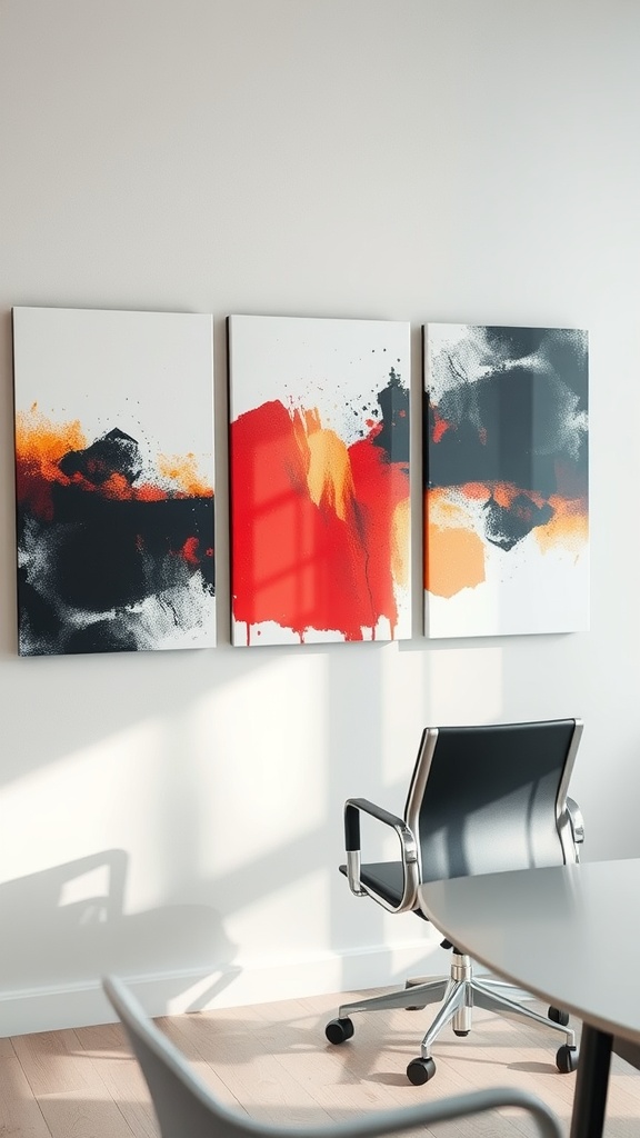 Three abstract art panels in warm colors on an office wall