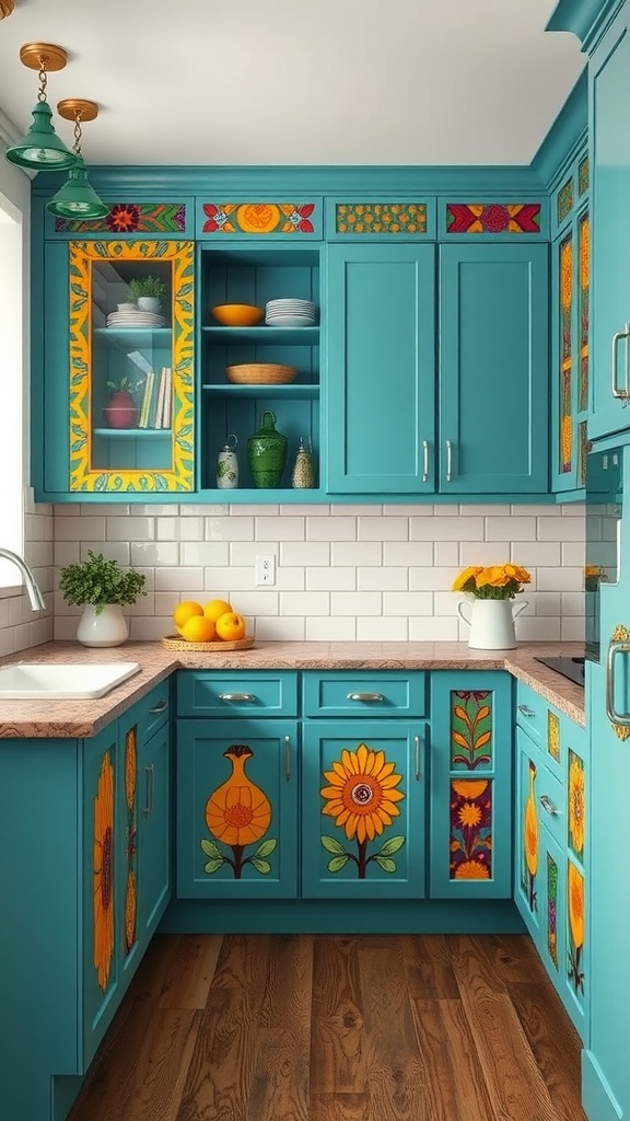 Kitchen featuring turquoise cabinets with vibrant floral patterns, complemented by neutral elements.