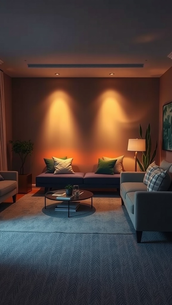 Cozy living room with accent lighting behind the sofa.