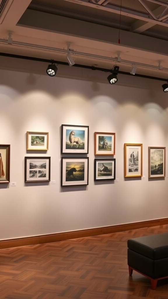 A gallery wall with various framed artworks illuminated by spotlights.