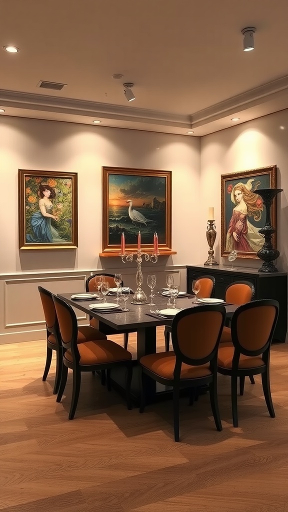 A dining room showcasing recessed lighting that highlights artwork on the walls, featuring a table set for a meal.