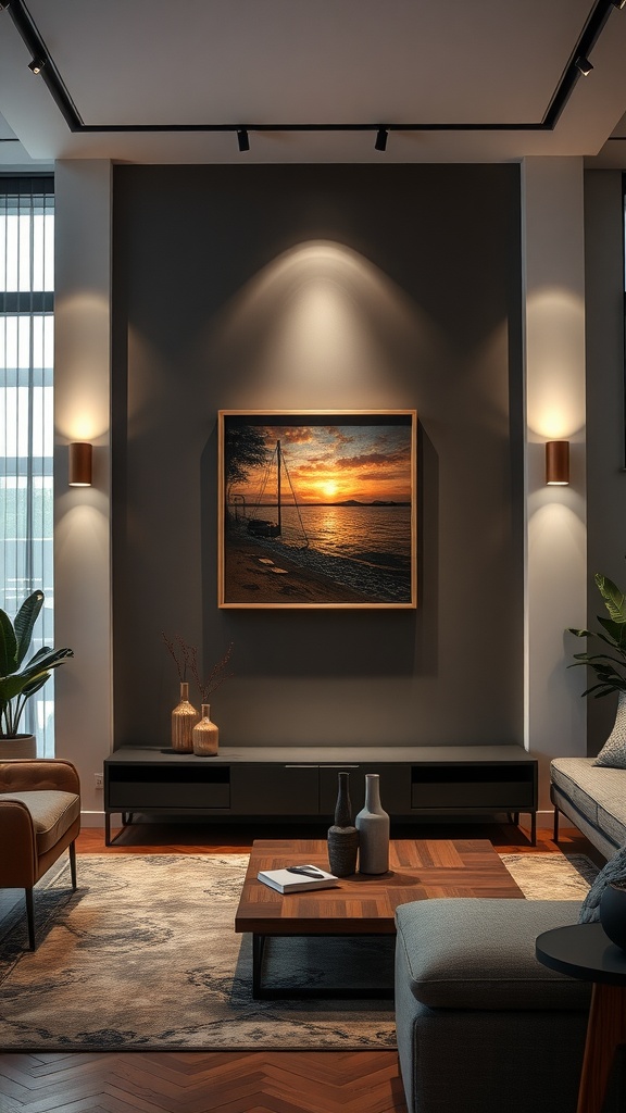 Living room with a sunset painting highlighted by accent lighting, featuring a cozy setup with furniture.