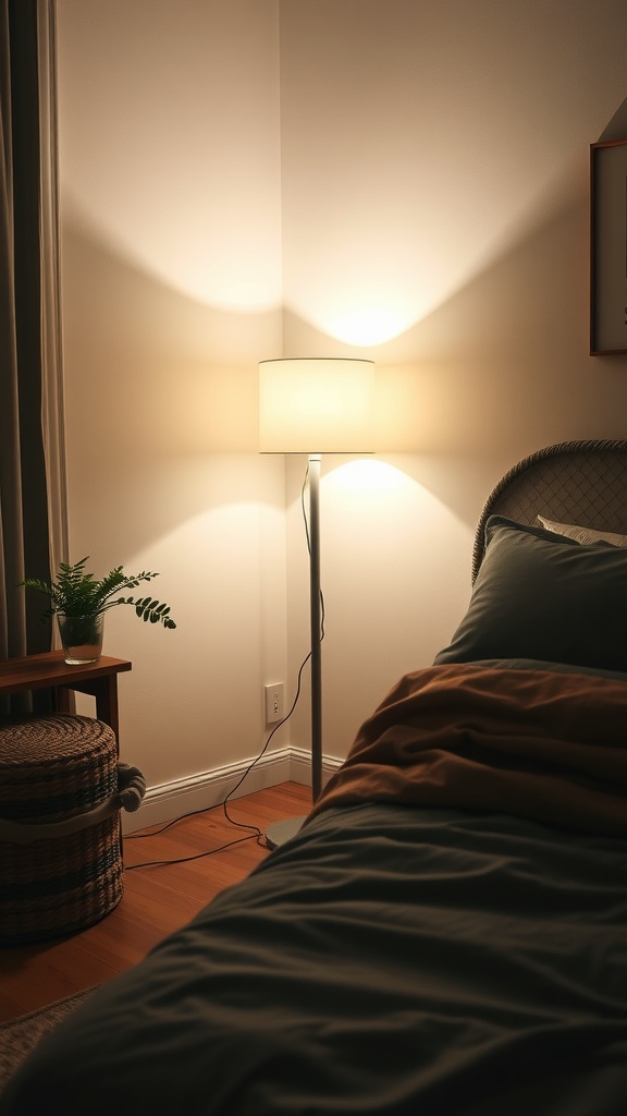 A cozy bedroom corner featuring a stylish LED floor lamp illuminating the space, with a bed and decorative elements nearby.