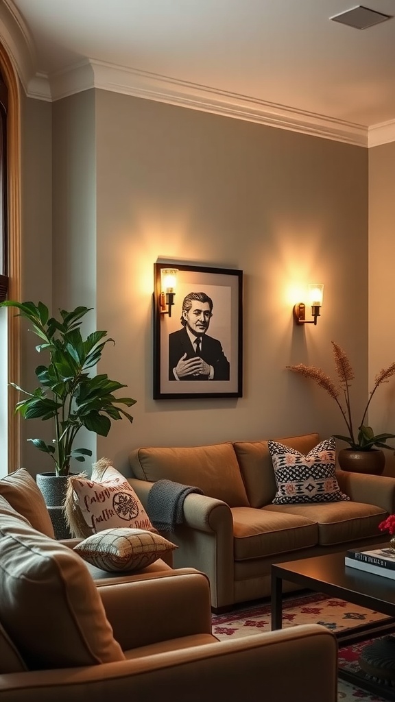 A cozy living room featuring wall sconces that highlight artwork and create a warm atmosphere.