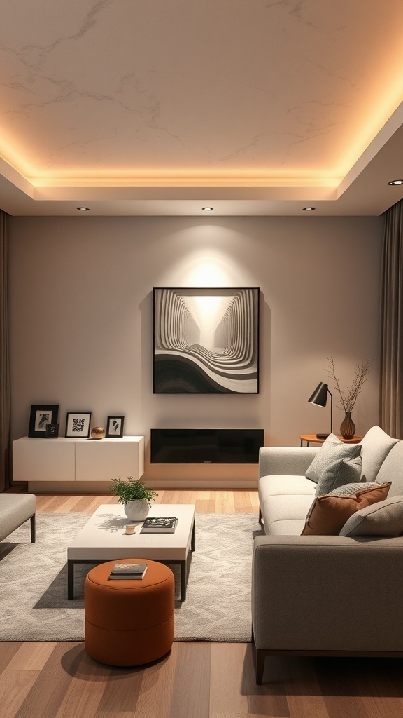 A modern living room with accent wall lighting, showcasing a soft glow and artwork.