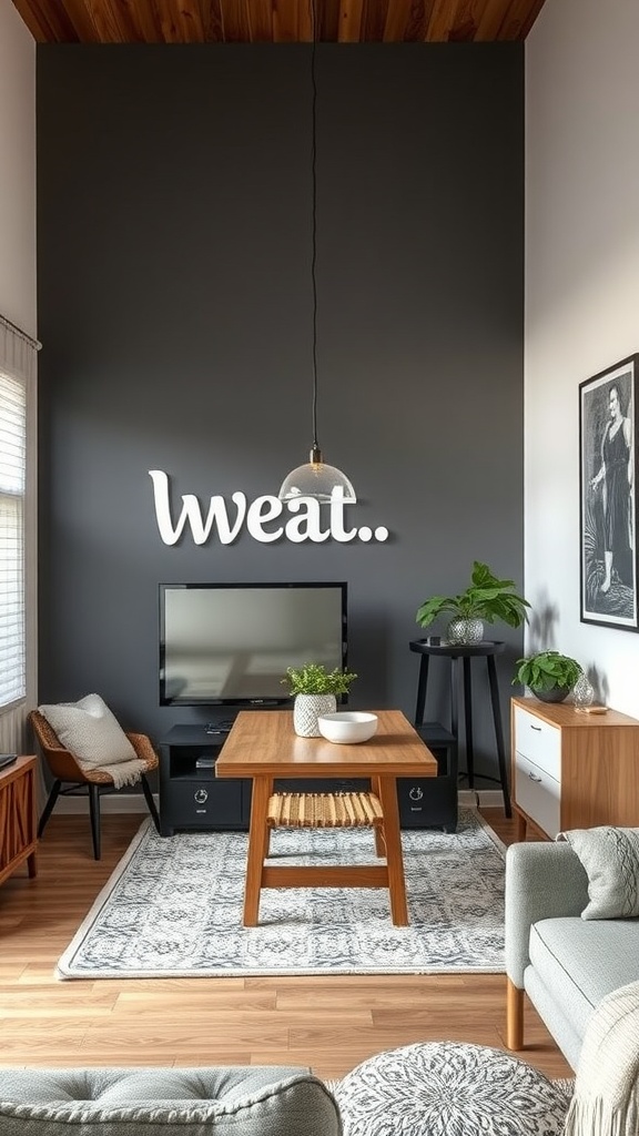 A small living room with a dark accent wall, wooden ceiling, and cozy furniture