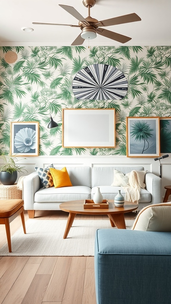 Modern farmhouse living room with bold palm leaf wallpaper, light sofa, and decorative elements.