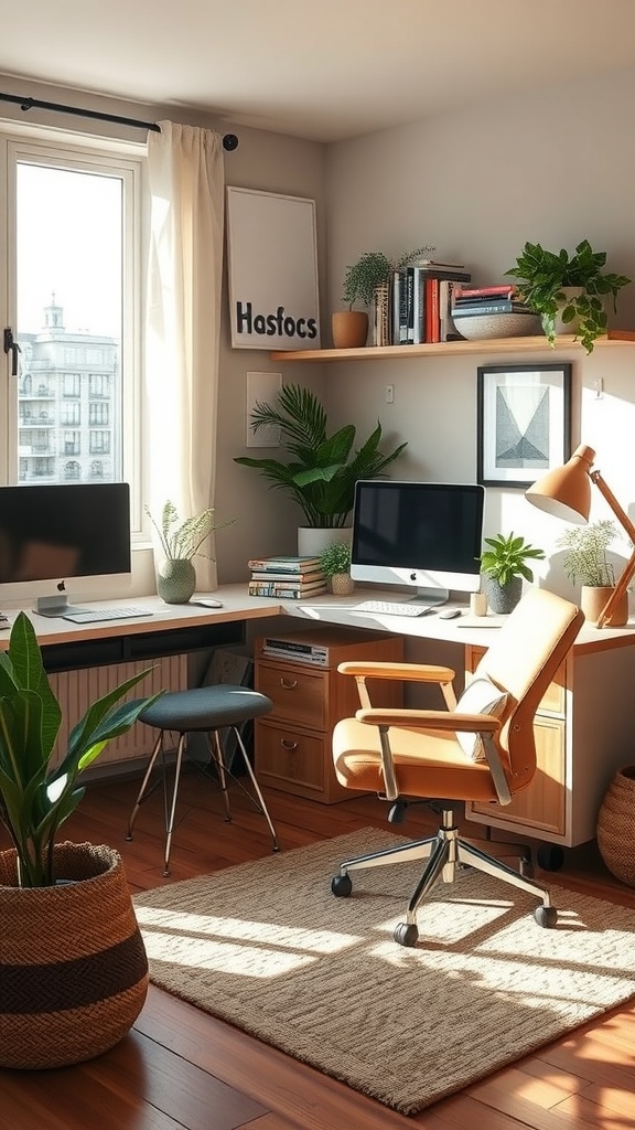 Cozy home office with plants, natural light, and stylish furniture