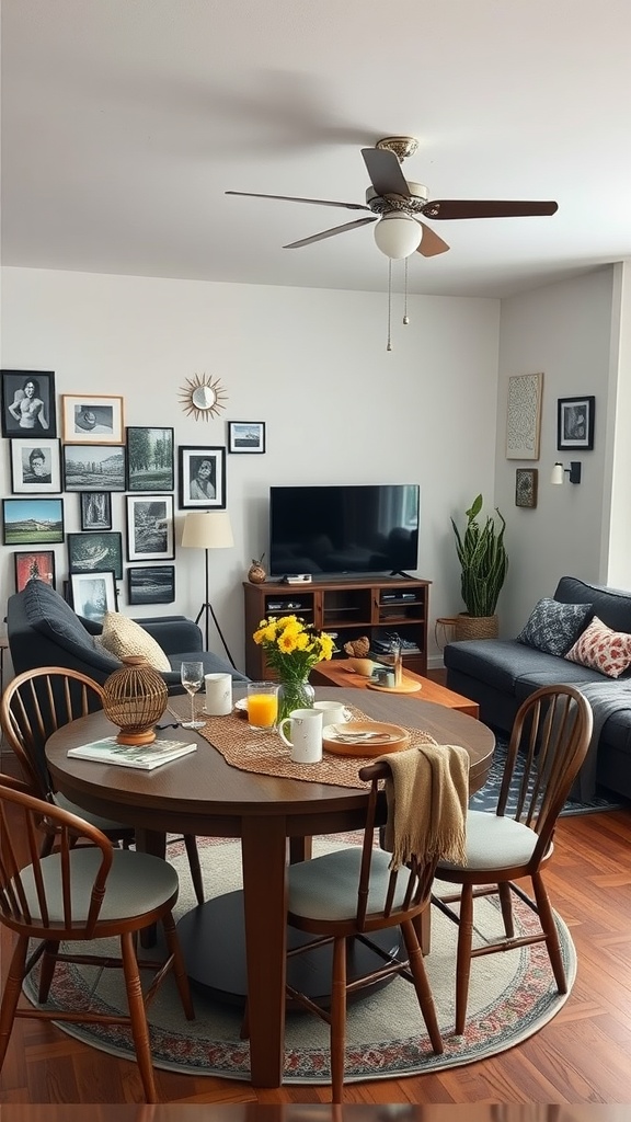 Cozy living and dining room combo with a round table, flower centerpiece, and wall art