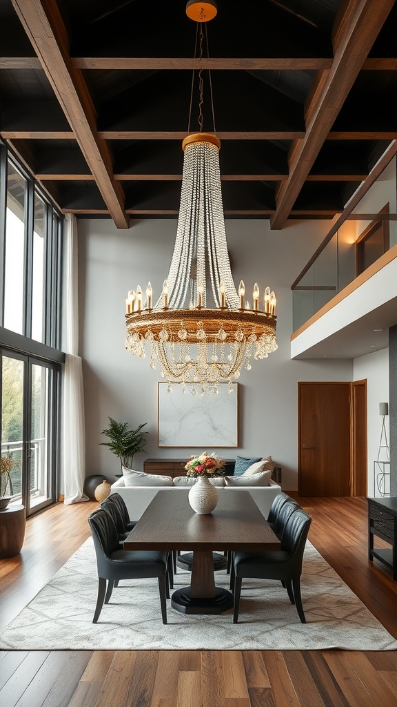 A large chandelier hanging over a dining table in a modern living room and dining room combo.