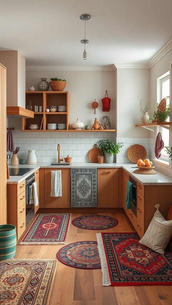 A U-shaped kitchen featuring wooden cabinets, white tiles, and vibrant patterned rugs on the floor.