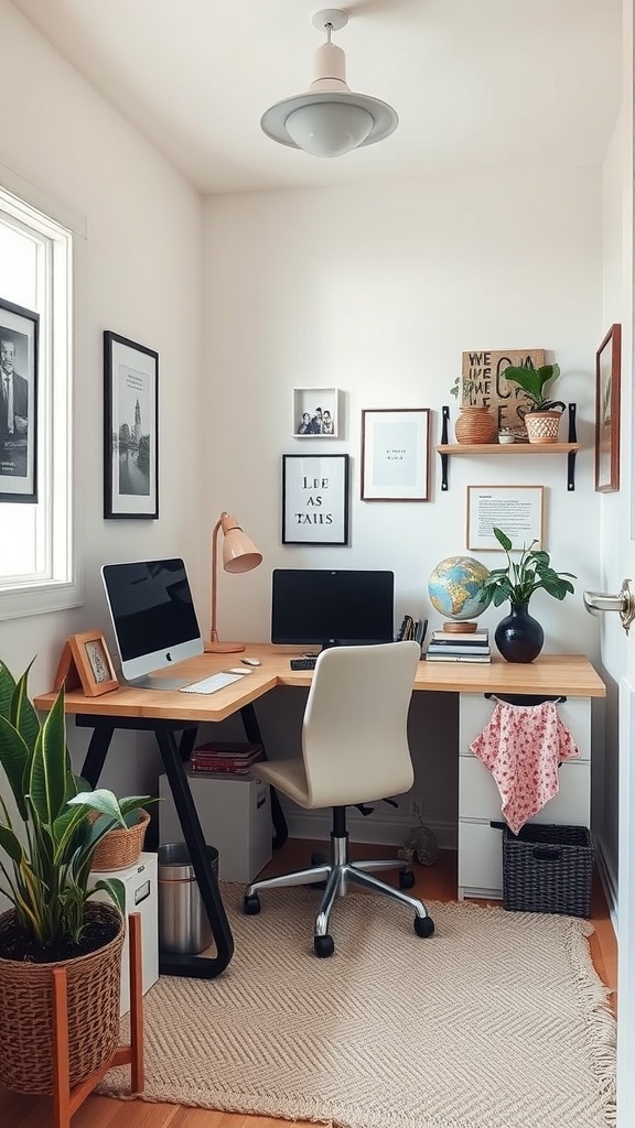 A small home office with a modern desk, computer, plants, and decorative wall art.