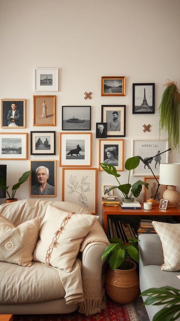 Cozy living and dining room combo with framed photos, plants, and comfortable seating.