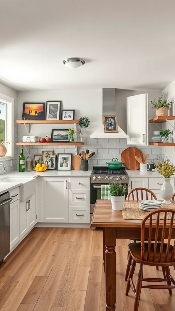 A well-decorated U-shaped kitchen featuring open shelves with plants and pictures, a wooden table and chairs, and a well-organized countertop.