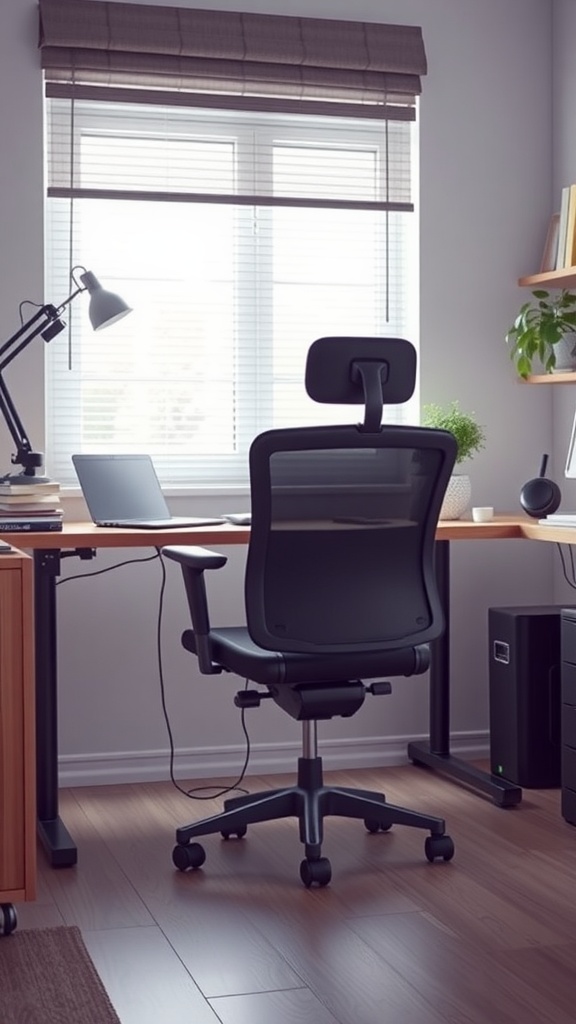 A modern home office featuring an adjustable black office chair, wooden desk, desk lamp, and a small plant, all arranged to create a comfortable workspace.