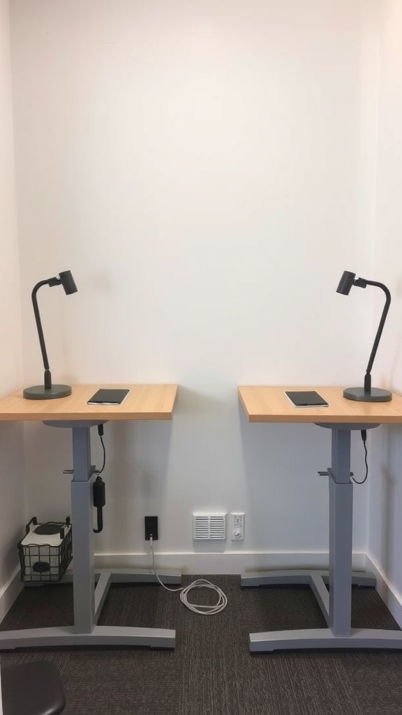 Two adjustable height desks in a small home office setting.