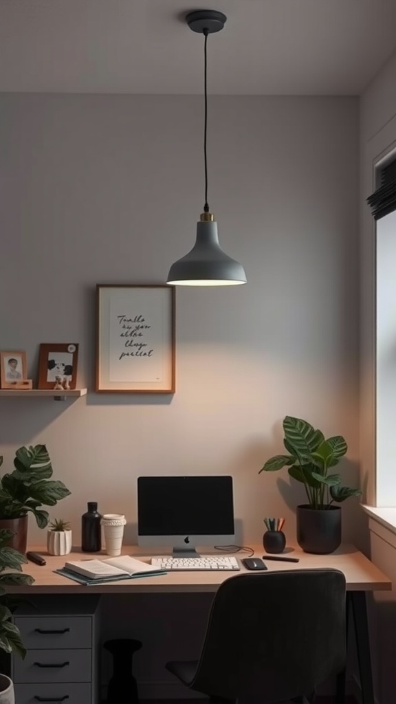 A modern adjustable pendant light over a desk with plants and a computer.