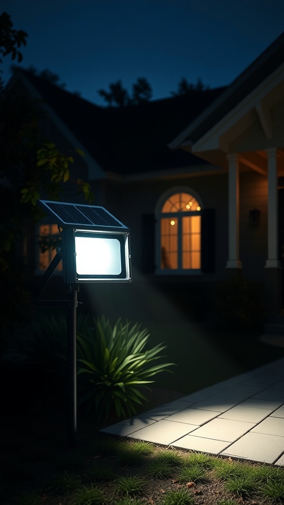 An adjustable solar flood light illuminating a pathway in front of a house at night.