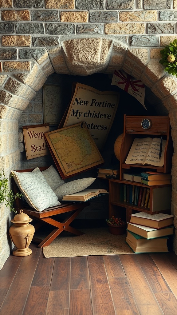 Cozy explorer-themed reading nook with stone walls, wooden chair, and books.