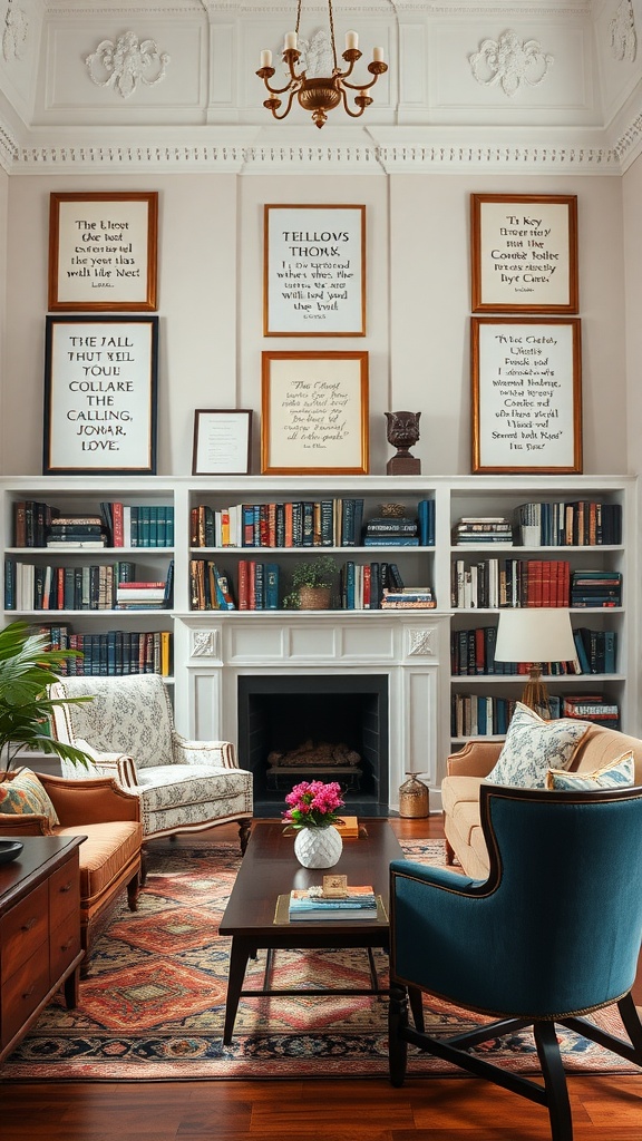 A cozy home library featuring aesthetic decor with framed literary quotes on the wall, comfortable seating, and a warm color palette.