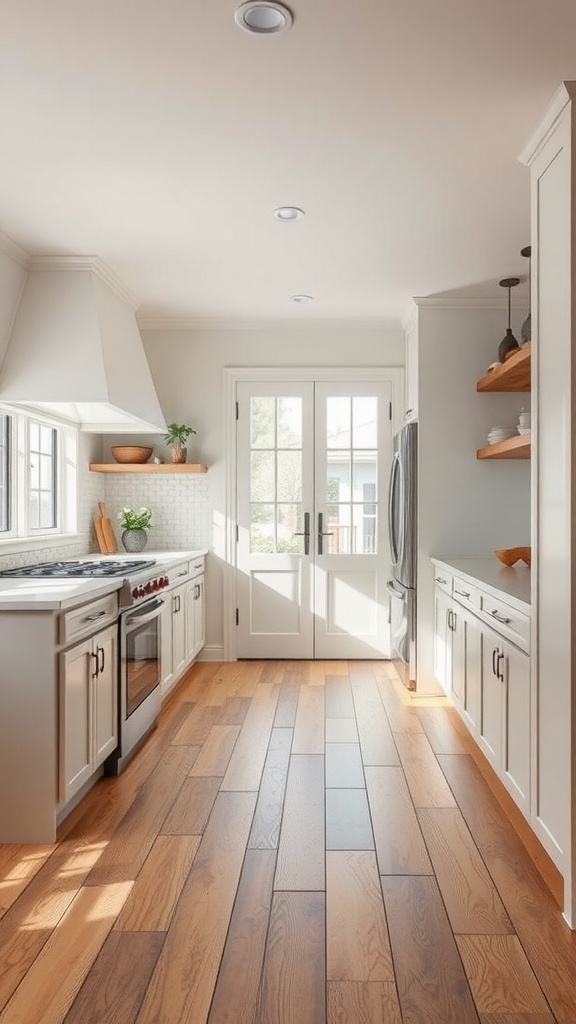 A modern kitchen featuring wooden flooring and white cabinets, showcasing a warm and inviting atmosphere.