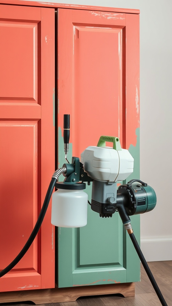 A close-up of an airless paint sprayer attached to a half-painted cabinet, showcasing coral and green colors.