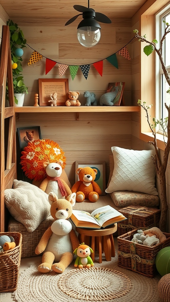 A cozy reading nook for kids themed around animals with plush toys, colorful decor, and a book on a small table.