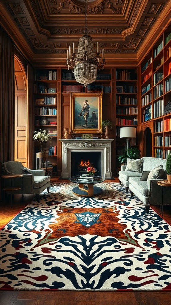 A cozy library featuring an elaborate animal print rug, wooden bookshelves filled with books, and elegant furniture.