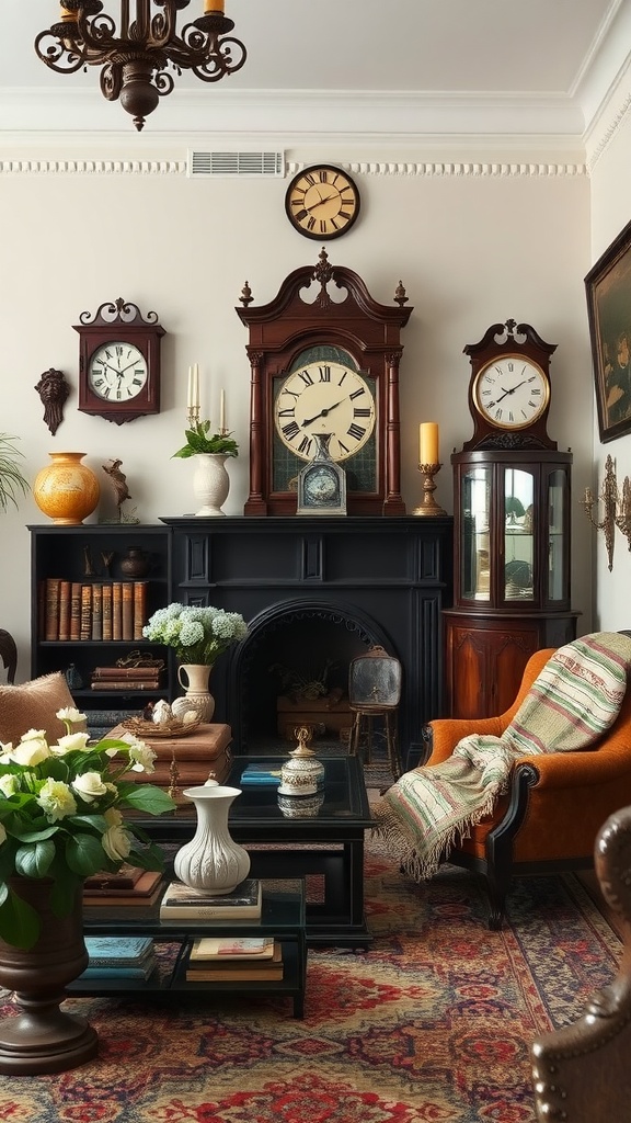 A rustic farmhouse living room featuring vintage clocks, a cozy armchair, and decorative accessories.