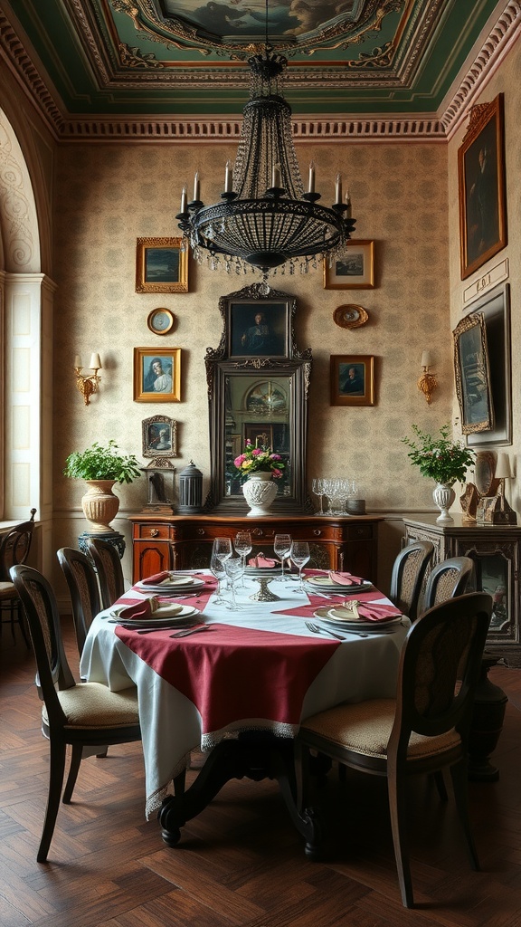 Luxurious Italian dining room featuring an antique chandelier, framed artworks, and a beautifully set table.