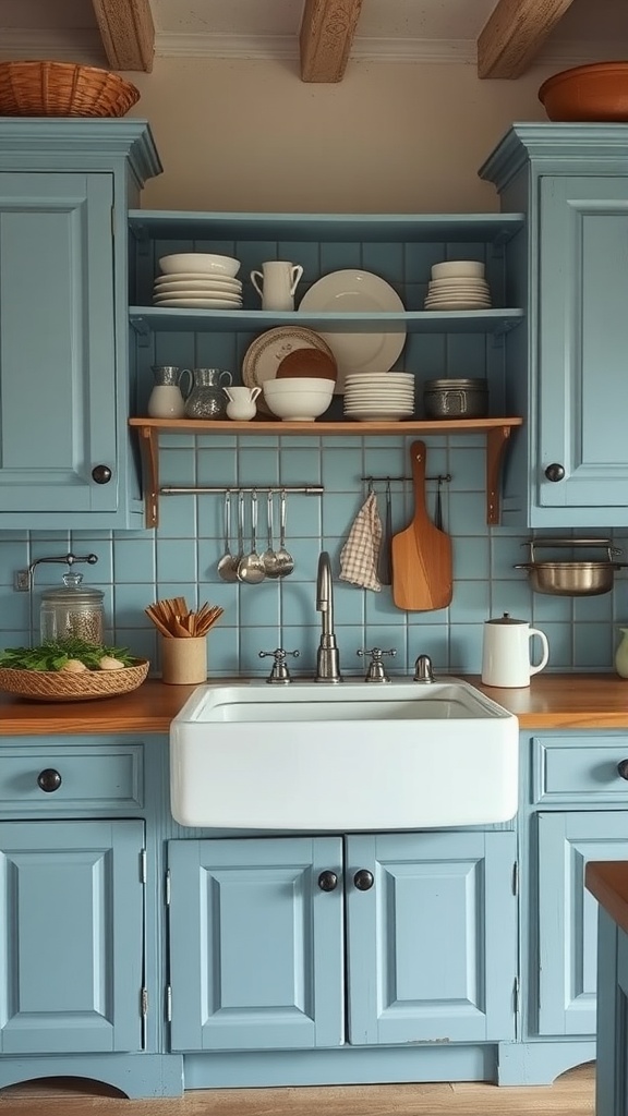 Kitchen with Antique Blue cabinets, wooden shelves, and rustic decor