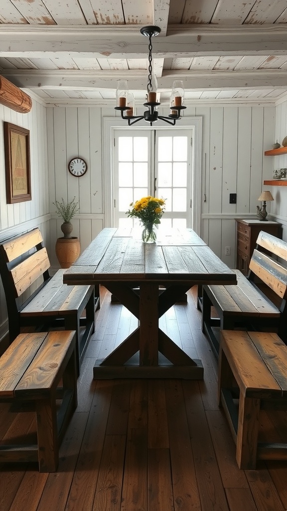 A rustic dining room featuring a large wooden table and antique farmhouse benches, with a vase of flowers on the table.