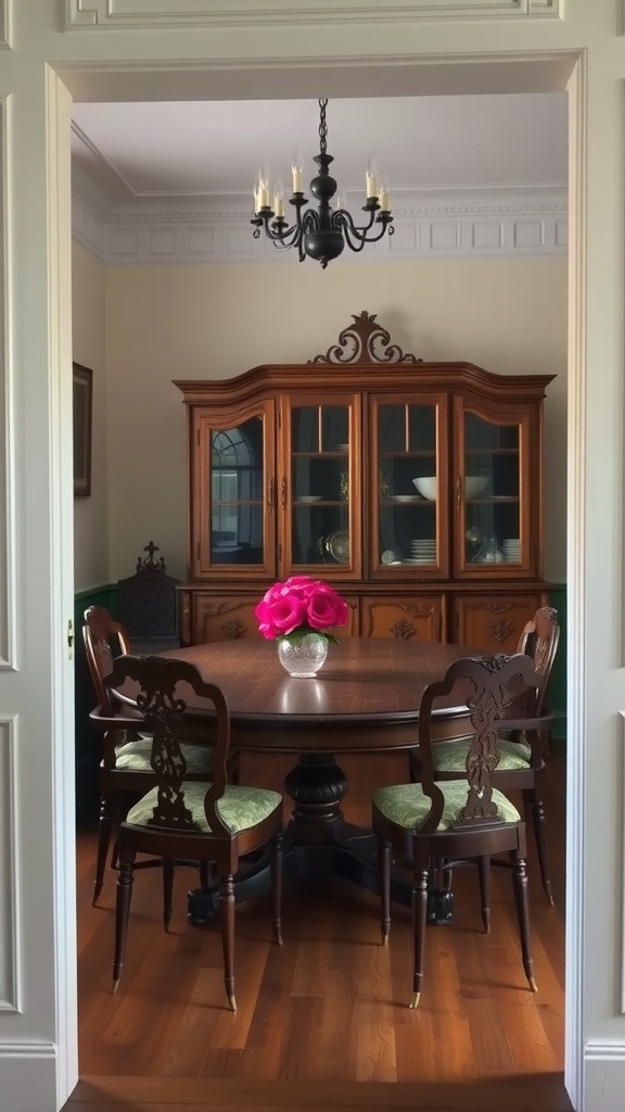 Antique farmhouse dining room with a round table, carved chairs, and a wooden cabinet.