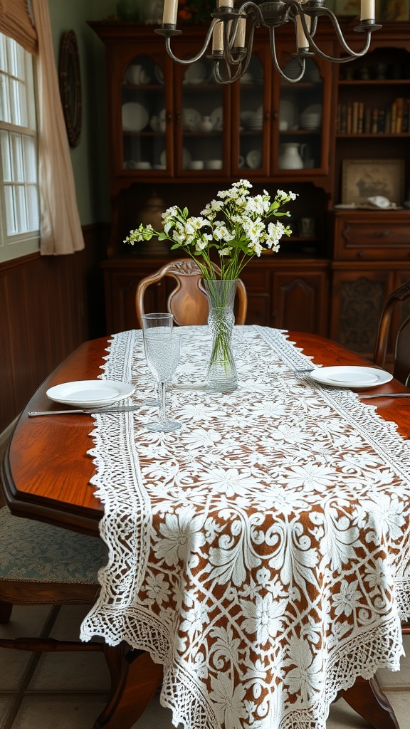 A dining table set with an antique lace table runner, dinnerware, and a vase of flowers.